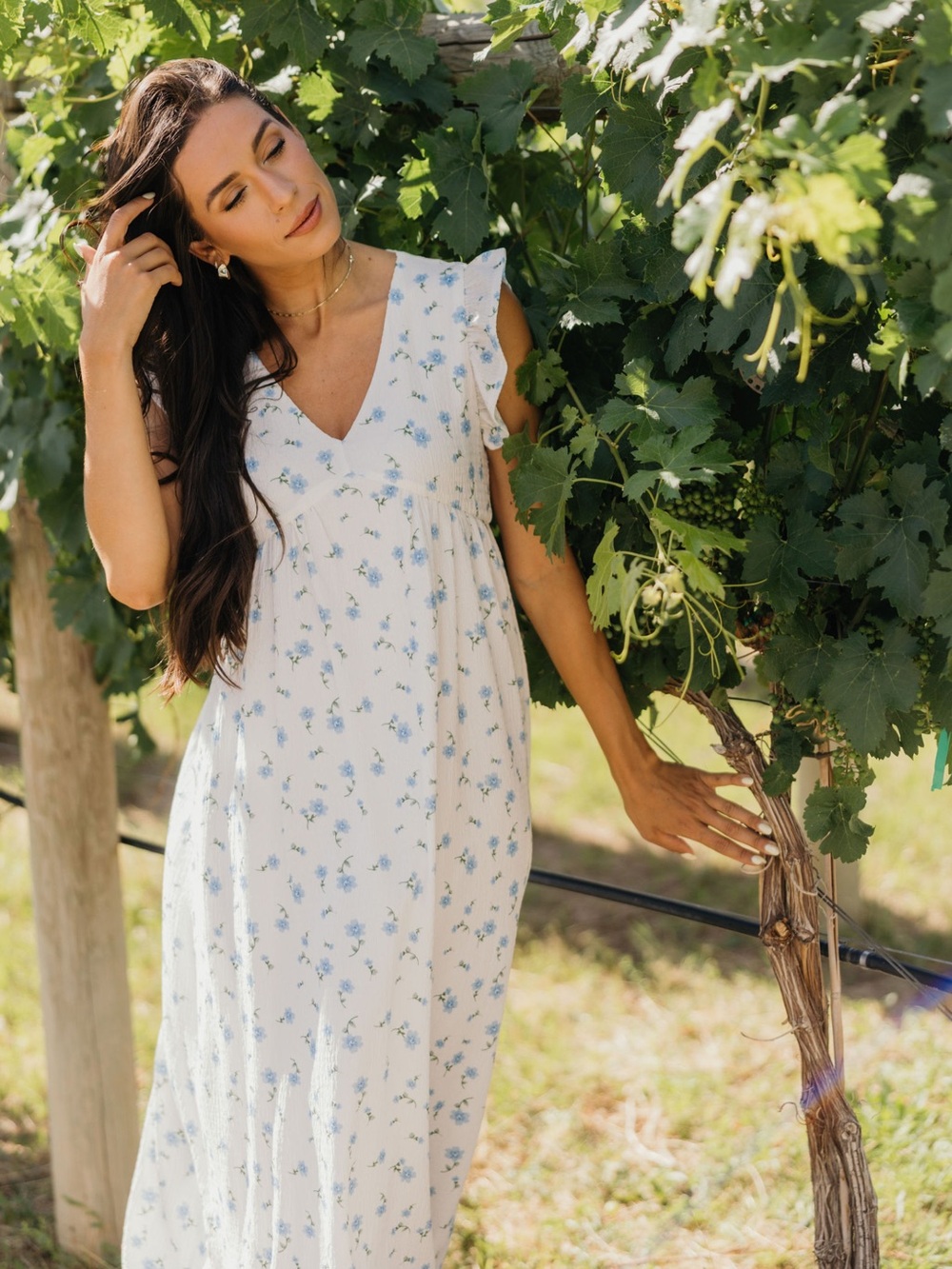 Mikarose White Maxi Dress with Light Blue Floral Print
